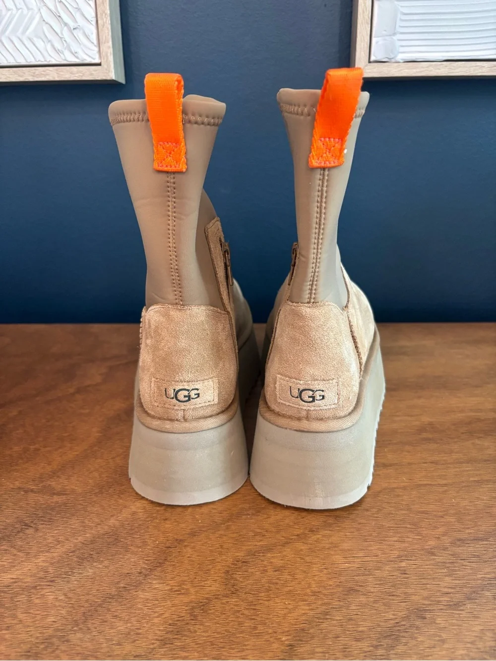 UGG Tan Suede Zip Ankle Boots with Orange Pull Tab